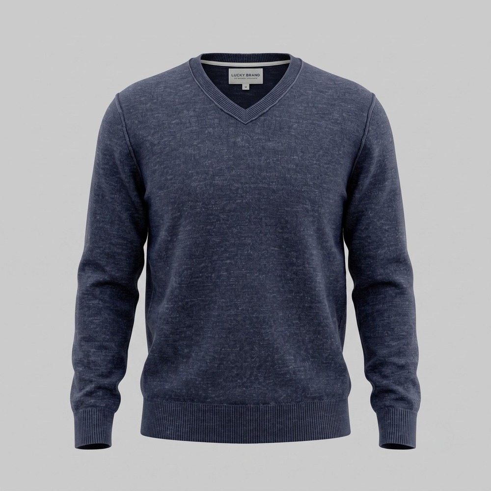 Lucky Brand Sweater Men Medium Navy Blue V-Neck 100% Cotton Pullover Heathered
